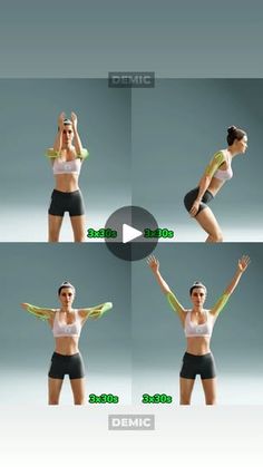 the woman is doing exercises with her arms in different positions, including stretching and jumping