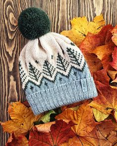 a blue and white knitted hat sitting on top of leaves next to a wooden background