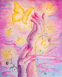 a painting of a woman's hand reaching for a butterfly in the sky with pink and yellow colors