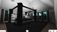 an animated bedroom with white walls and black carpeted flooring is featured in this image