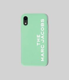 a green iphone case with the words marc cauccia on it