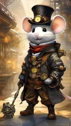 a mouse with a top hat and steampunk clothes, standing in front of a building