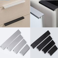 four different types of drawer pulls and handles for drawers with black, white, and silver finishes