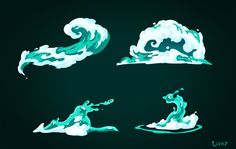 four different images of the same wave in blue and green colors on a black background