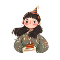 a drawing of a girl holding a piece of cake with a candle in her hand