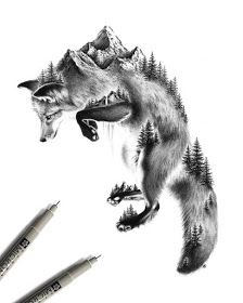 a pencil drawing of a fox and two other animals