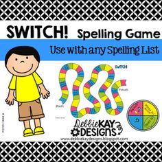 a poster with the words switch spelling game and an image of a boy standing in front of