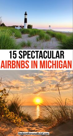 Two beautiful photos of Michigan: a spectacular sunset over Lake Michigan and a lighthouse on the beach. Michigan Airbnb, Beaches In Michigan, Michigan Summer Vacation, Up Michigan, Michigan Adventures, Michigan Summer