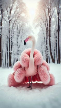 a stuffed flamingo is sitting in the snow