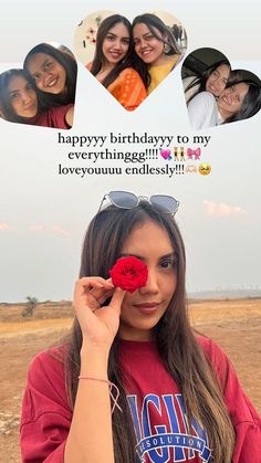 a woman holding a flower in front of her face with the caption happy birthday to my everything