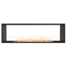 the wall mounted fireplace is shown in black and has an open firebox with flames on it