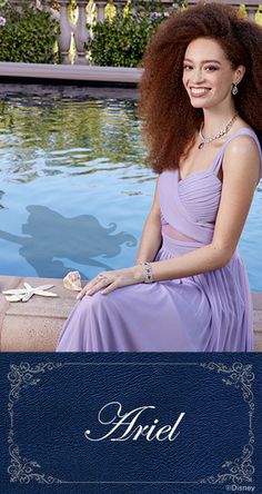 a woman in a purple dress sitting next to a swimming pool with the words ariel on it