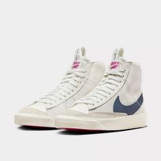 Nike Blazer Mid '77 Big Kids' Shoes Sail/Sail/Fireberry/Diffused Blue Fb9125 100 Size Gs 7 Y ==~ Women 8.5 Nike Air Max 200, White Athletic Shoes, Navy Blue Design, Nike Blazers, Nike Sb Zoom, White Casual Shoes, Nike Blazer Mid 77, Nike Blazer Mid, Pink Running Shoes