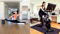 two women doing exercises on exercise bikes in the living room, and one is stretching