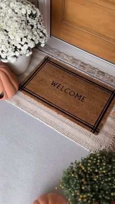 a welcome mat on the ground next to a potted plant with flowers in it