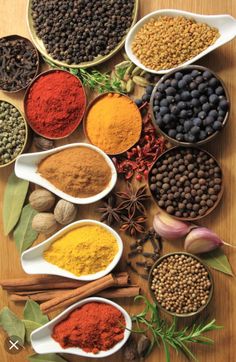 various spices and herbs in spoons on a wooden table