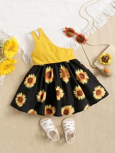 Baby Girl One Shoulder Sunflower Print Dress Multicolor   Sleeveless Fabric Floral A Line Slight Stretch Summer Baby Girls Clothing, size features are:Bust: ,Length: ,Sleeve Length: Yellow Aesthetic, Sunflower Print, Summer Baby, Baby Clothing, Girls Clothing, Dress P, Baby Dress