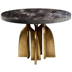 a black and gold table with three brass leaves on the top, in front of a white background