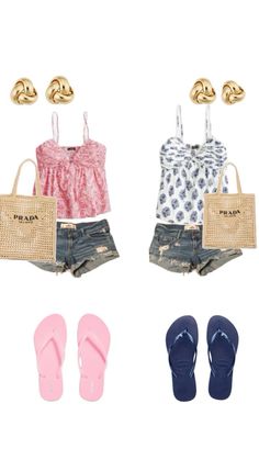 three pieces of clothing and sandals are shown in this image, including one pink top, two