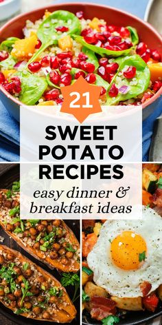 sweet potato recipe collage with text overlay that reads 21 sweet potato recipes easy dinner and breakfast ideas