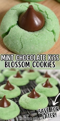 mint chocolate kiss blossom cookies on a cooling rack with text overlay that reads, mint chocolate kiss blossom cookies save for later