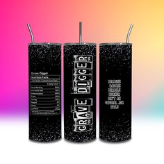 two black soda cans sitting side by side on a multicolored background with text