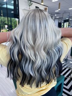 Icy Blonde With Black Highlights, Blonde Hair Color Underneath Ideas, Icy Blonde With Brown Underneath, Platinum On Black Hair, Platinum Top Dark Bottom Hair, Platinum On Top Dark Underneath, Silver And Black Hair Highlights, Blonde With Dark Brown Peekaboos, Blonde Dark Brown Hair