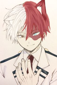 an anime character with red hair and blue eyes holding his hands to his chest while looking at the camera