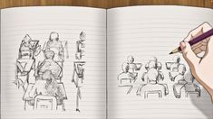 a hand is holding a pencil over an open notebook with sketches of people sitting in chairs