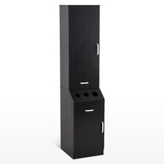 a tall black cabinet with two doors and one drawer on the bottom, next to a white background