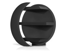 a black shelf that is shaped like an oval with two shelves on each side and one section