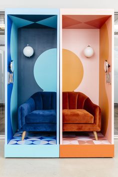 two brightly colored rooms with furniture in them