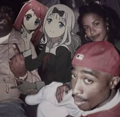 a group of people sitting next to each other with anime characters on their faces behind them