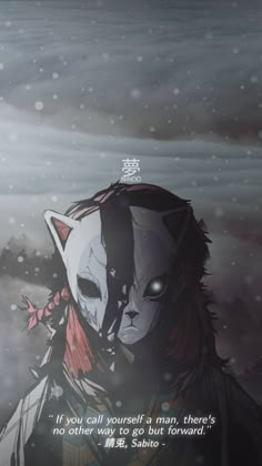 an anime character with long hair and a cat mask on his head, standing in the snow