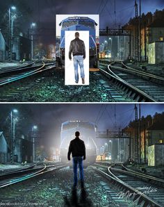 there is a man standing on the train tracks at night and in front of him