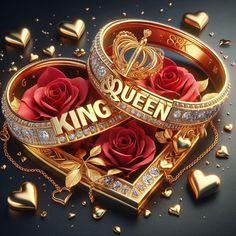 two gold rings with red roses and the words king and queen surrounded by hearts on a black background