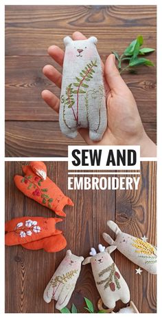 handmade stuffed animals are shown with the words sew and embroidery on them in different colors