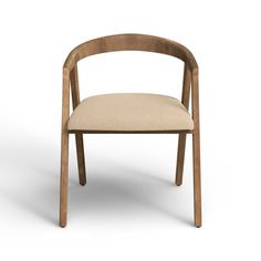 a wooden chair with a beige upholstered seat and backrest, viewed from the front