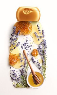 honey and lavenders on a white background