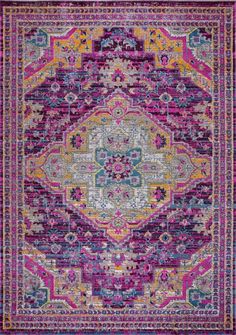 a colorful rug with an intricate design on the center and sides in purple, yellow, pink