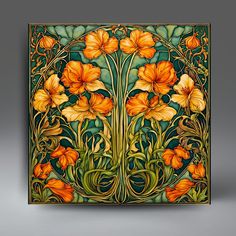 an art nouveau tile with orange flowers and vines on green, yellow and brown background