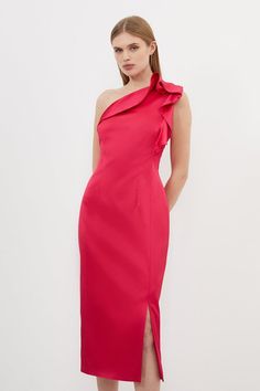 Italian Structured Satin Ruffle Midi Dress Feminine Fitted One-shoulder Dress With Ruffles, Elegant Red One-shoulder Dress For Spring, Elegant Red One Shoulder Dress For Spring, Elegant Red One Shoulder Spring Dress, Elegant Pink One-shoulder Dress With Ruffles, Elegant Pink One-shoulder Dress For Brunch, Elegant Pink Knee-length One Shoulder Dress, Elegant Pink One-shoulder Knee-length Dress, One-shoulder Ruffle Dress For Wedding Guest