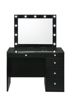 a black vanity with lights on it