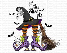 a witch's boot with a broom and bats on it