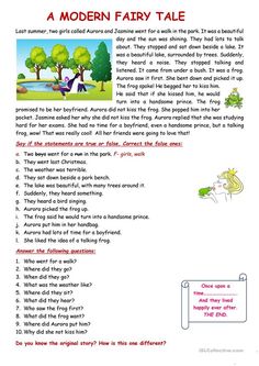 the modern fairy tale worksheet is shown in red and white, with an image of