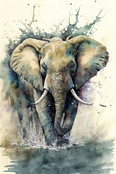 an elephant with tusks walking through water