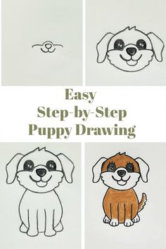 cute easy puppy drawing Easy Dog Painting, Puppy Drawing Easy, Tutorial Acrylic Painting, Drawing Easy Step By Step, Draw A Dog, Hand Art Kids, Paint Tutorial, Puppy Drawing