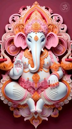 an intricately designed gandapa with pink and orange colors on it's face