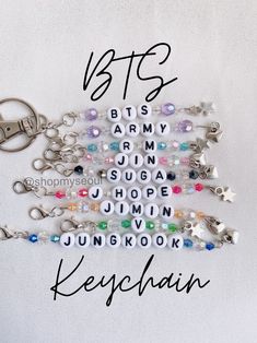 Customized Kpop group bias keychains made to order! How to order: 1. choose your bias 2. choose the color scheme! 3. In the personalization box below, choose the type of charm (heart or star) at the end of your keychain. If nothing is chosen, the charm will be chosen at random. *Shipping: Please keep in mind that the Etsy estimated delivery dates are not usually correct. These are ESTIMATED dates. I ship out all orders with USPS in standard envelopes with a standard stamp. Therefore, there will Bts Accessories, Merchandise Kpop, Kpop Jewelry, Bts Bracelet, Army Accessories, Bts Merchandise, Beads Keychain, Pop Jewelry, Bts Tattoos