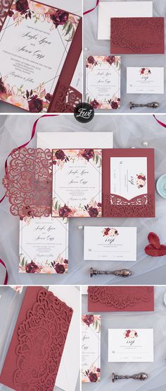 red and white wedding stationery with flowers on it